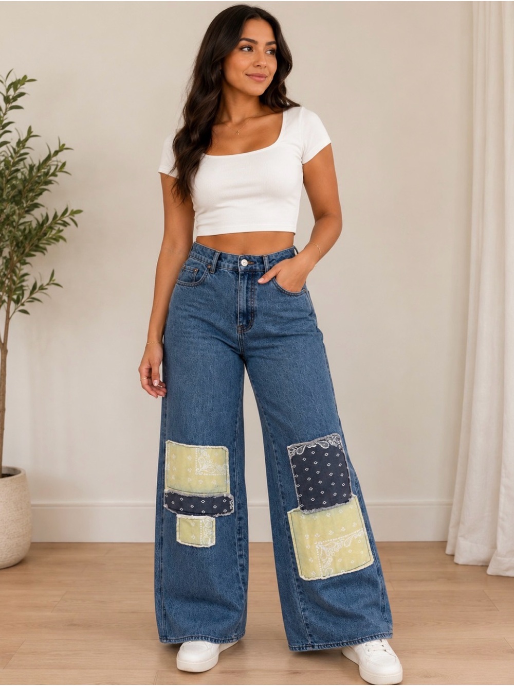 PacSun Blue Wide Leg Patchwork Bandana Jeans